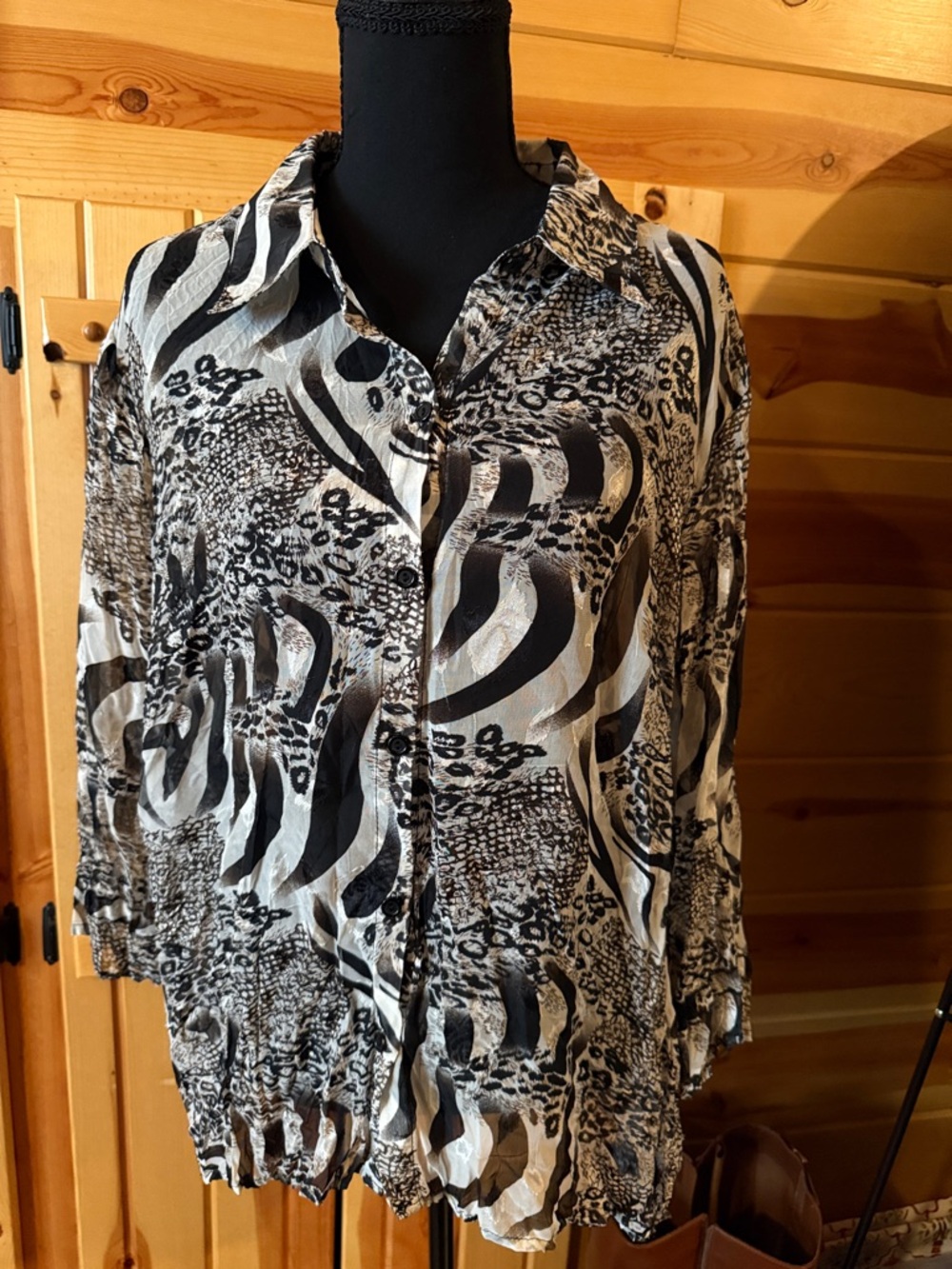 Christopher & Banks Black and White Animal-Print Button-Front Shirt -sheer